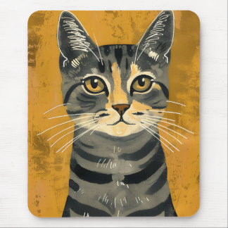 Tapis De Souris Portrait minimaliste rétro de chat tigré
