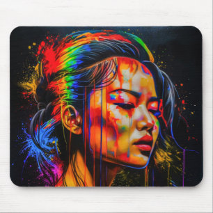Tapis De Souris Portrait Neon Vibrant - Art Expressionniste Abstra