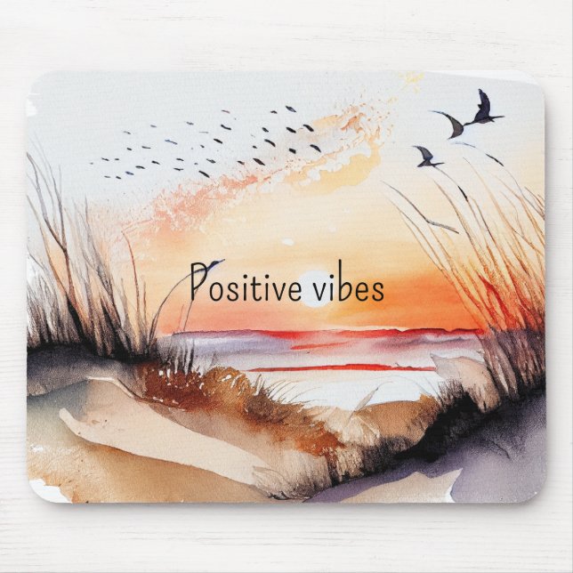 Tapis De Souris Positif Vibes Beach coucher de soleil avec oiseaux (Devant)