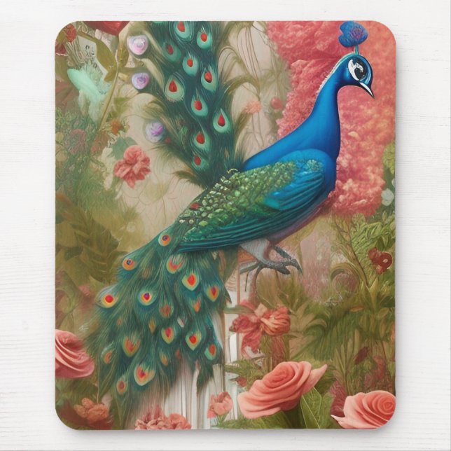 Tapis De Souris Poster de Peacock in Apricot Rose Garden (Devant)