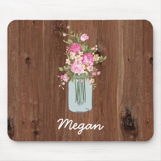 Tapis De Souris Pot de maçon rose personnalisé de fleur sur le (Devant)