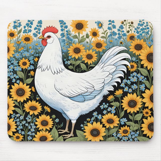 Tapis De Souris Poule blanche et tournesols (Devant)