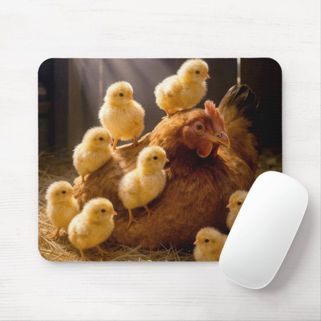Tapis De Souris Poule mère avec poussins dans une grange (Avec souris)