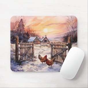 Tapis De Souris Poulets dans la ferme d'hiver