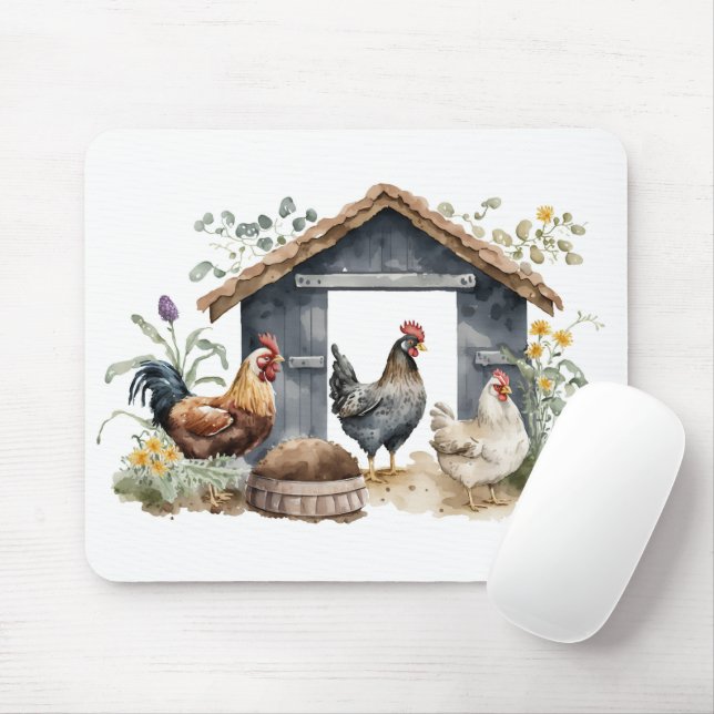 Tapis De Souris Poulets d'aquarelle en coop (Avec souris)