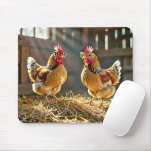 Tapis De Souris Poulets portant des lunettes de vue dans une grang