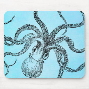 Tapis De Souris Poulpe vintage de 1800s sur l'aquarelle bleue