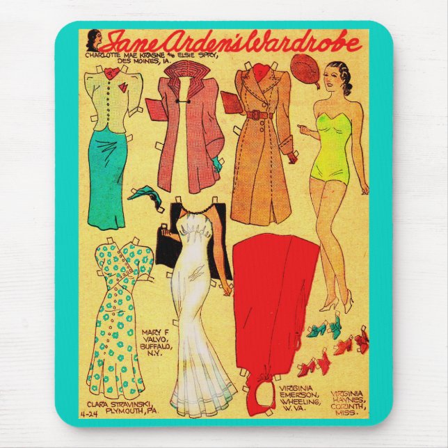 Tapis De Souris Poupée en papier des années 1930 Jane Arden, robe  (Devant)