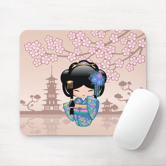 Tapis De Souris Poupée Keiko Kokeshi - Blue Kimono Geisha Girl (Avec souris)
