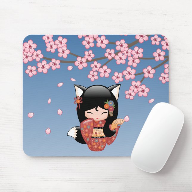 Tapis De Souris Poupée Kitsune Kokeshi - Black Fox Geisha Girl (Avec souris)