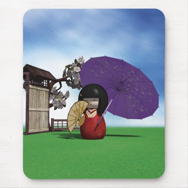 Tapis De Souris Poupée Kokeshi Japonaise Art Cerisier en Fleur (Devant)