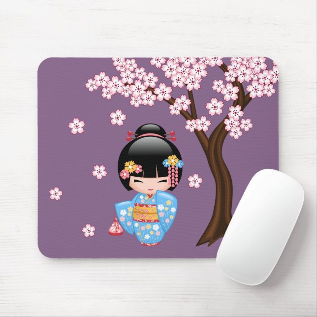 Tapis De Souris Poupée Maiko Kokeshi - Fille Geisha en Kimono Bleu (Avec souris)