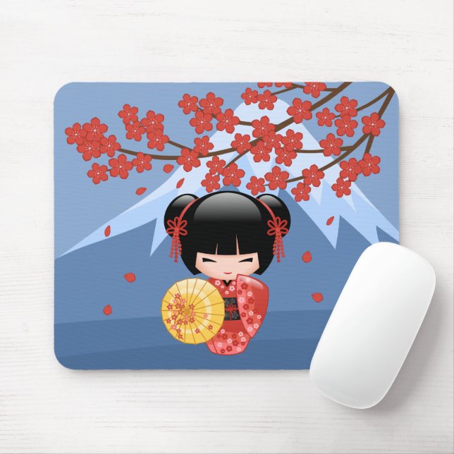 Tapis De Souris Poupée rouge Sakura Kokeshi - mignonne Geisha Girl (Avec souris)