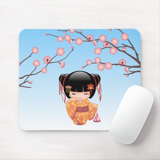Tapis De Souris Poupée Ume Kokeshi - Japonaise Geisha Girl Blue (Avec souris)