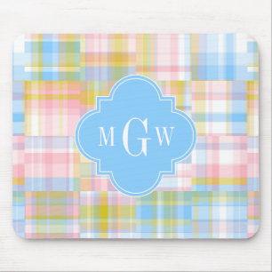 Tapis De Souris Preppy Patchwork Madras Pastel Quatrefoil Initials