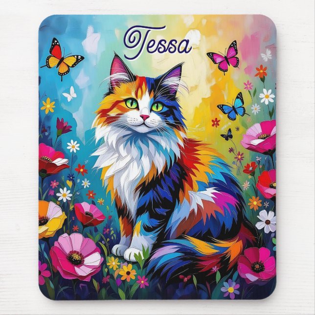 Tapis De Souris Pretty Colorful Impasto Cat and Flowers (Devant)