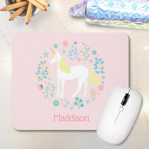 Tapis De Souris Pretty Unicorn & Flowers Blush Pink Personalized