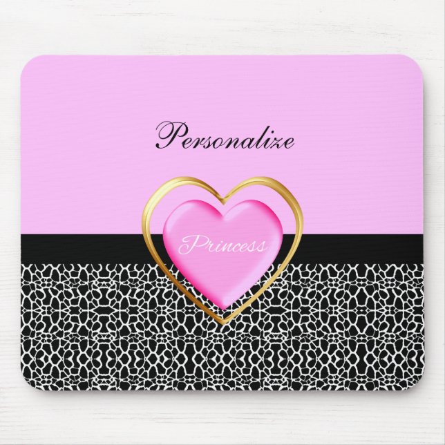 Tapis De Souris Princesse noire rose Girly Giraffe Print et nom (Devant)