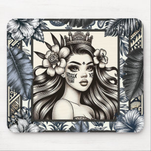 Tapis De Souris Princesse Polynésienne Fleurie Tribale Bleue