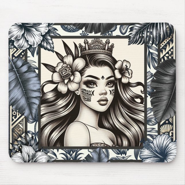 Tapis De Souris Princesse Polynésienne Fleurs Bleues Tribal (Devant)