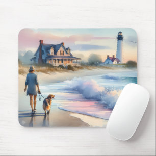 Tapis De Souris Promenade côtière jusqu'au phare au coucher du sol
