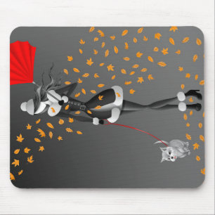 Tapis De Souris Promeneur de chien Feuilles d'automne  Noir 