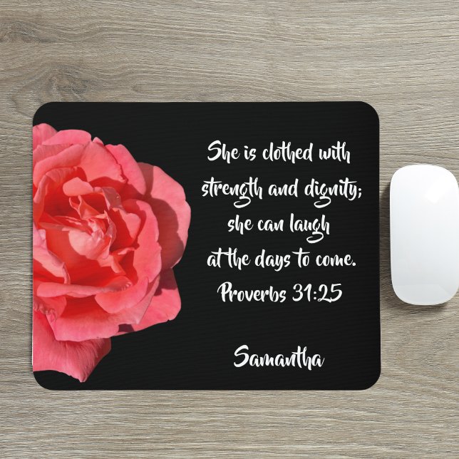 Tapis De Souris Proverbes 31:25 Versets de la Bible Rose Rouge Per (Créateur téléchargé)