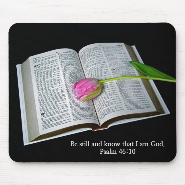 Tapis De Souris Psaume 46:10 Tulipe Rose Sur La Bible (Devant)