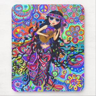 Tapis De Souris Psychédélique Hippie Mermaid Girl Jouant de la gui