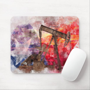 Tapis De Souris Pumpjack Texan icône aquarelle avec Texas Flag