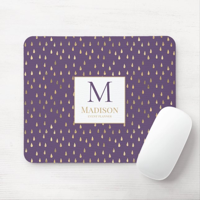 Tapis De Souris Purple Gold Raindrop Moderne Monogramme tendance (Avec souris)