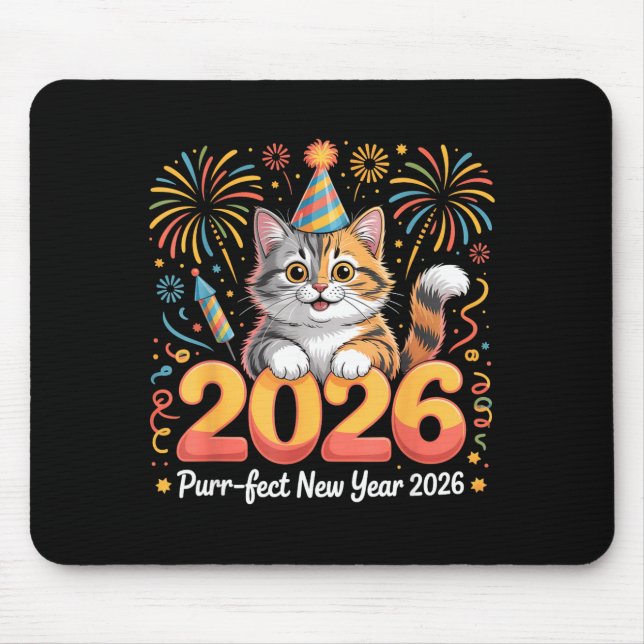 Tapis De Souris Purrfect New Year 2026 Cute Cat Fireworks Celebrat (Devant)