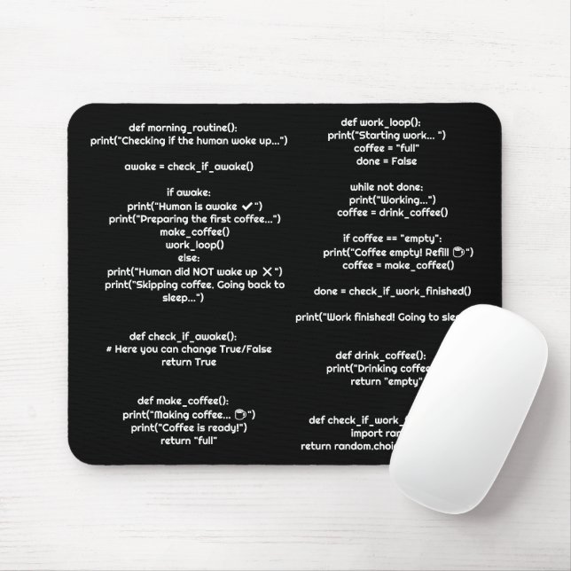 Tapis de souris Python morning_routine() – Cadeau  (Avec souris)