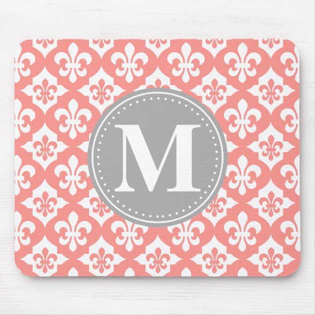 Tapis De Souris Quatrefoil Fleur-De-Lis Coral Gris Rose Monogramme (Devant)