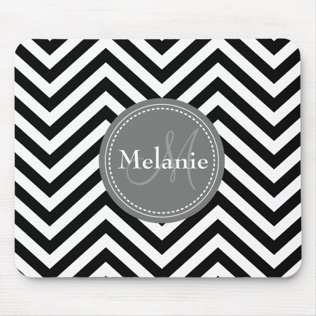 Tapis De Souris Quatrefoil gris blanc noir monogramme Chevron (Devant)
