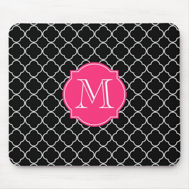 Tapis De Souris Quatrefoil noir et blanc avec le monogramme (Devant)