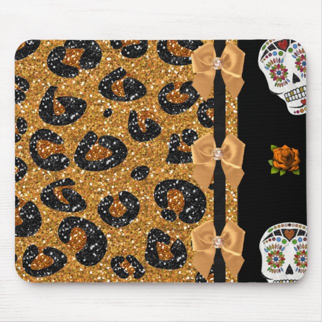 Tapis De Souris RAB Rockabilly Gold Leopard Print Sugar Skulls (Devant)