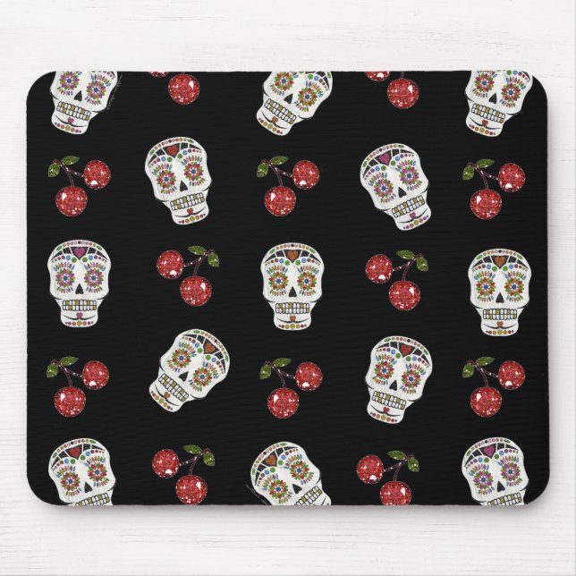Tapis De Souris RAB Rockabilly Sugar Skulls Cherries On Black (Devant)
