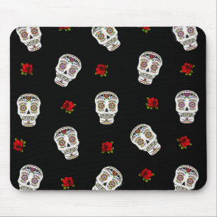 Tapis De Souris RAB Rockabilly Sugar Skulls Roses sur fond noir