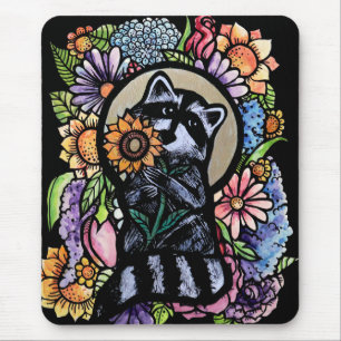 Tapis De Souris Raccoon Art Flower Raccoons Design avec tournesol