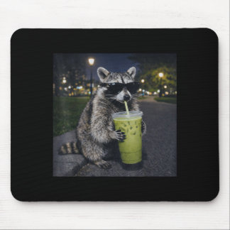 Tapis De Souris Raccoon drinking iced matcha latte funny animal
