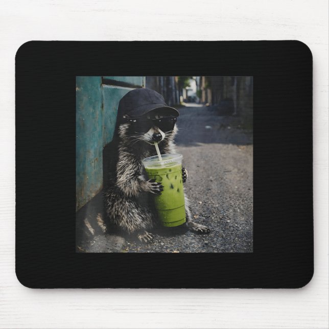 Tapis De Souris Raccoon drinking matcha latte funny animal meme me (Devant)