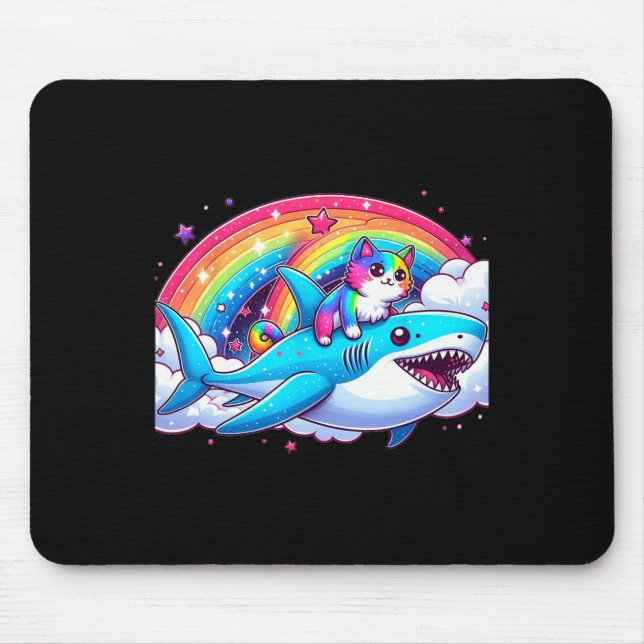 Tapis De Souris Rainbow Galaxy Chat équitation Requin dans l'espac (Devant)