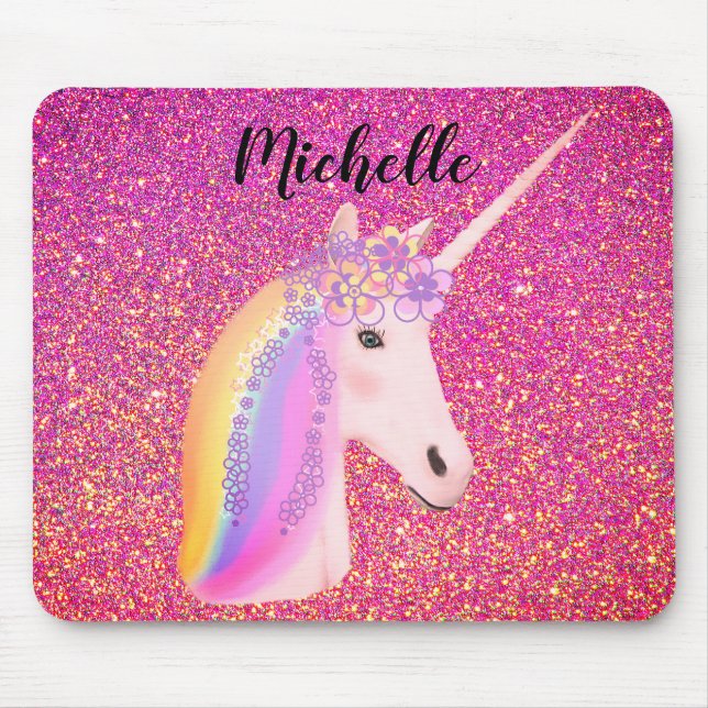 Tapis De Souris Rainbow Unicorn rose Parties scintillant étincelle (Devant)