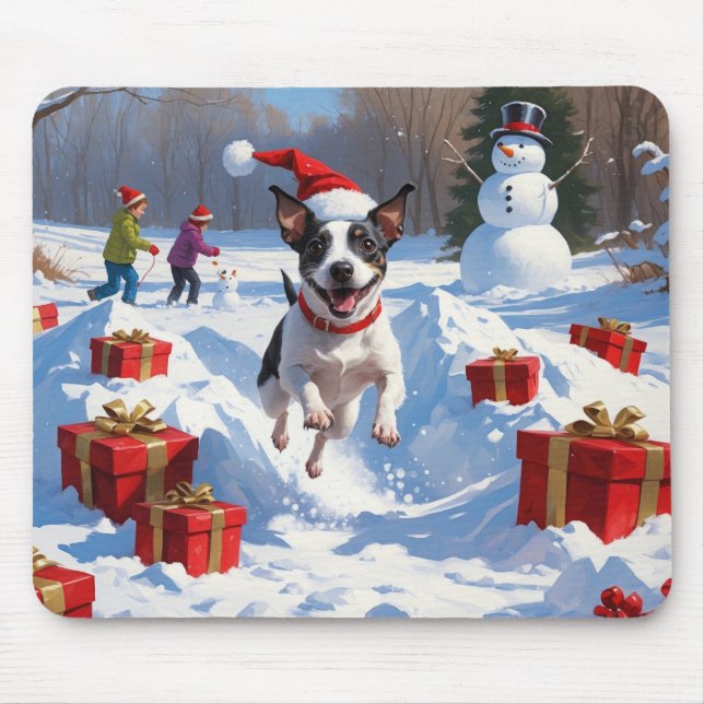 Tapis De Souris Rat Terrier Courir en neige avec Casquette de Noël (Devant)