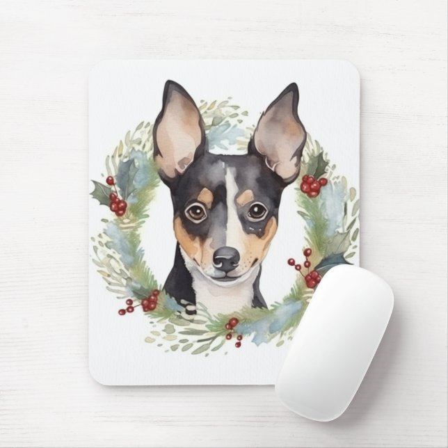 Tapis De Souris Rat Terrier Fête de Noël Wreath Pup (Avec souris)