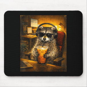 Tapis De Souris Raton laveur buvant du café glacé amateur de caféi