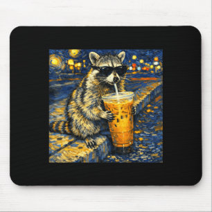 Tapis De Souris Raton laveur drôle buvant du café glacé mème anima