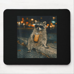 Tapis De Souris Raton laveur drôle buvant du café glacé mème anima