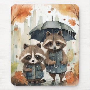 Tapis De Souris Raton laveurs mignons sous la pluie